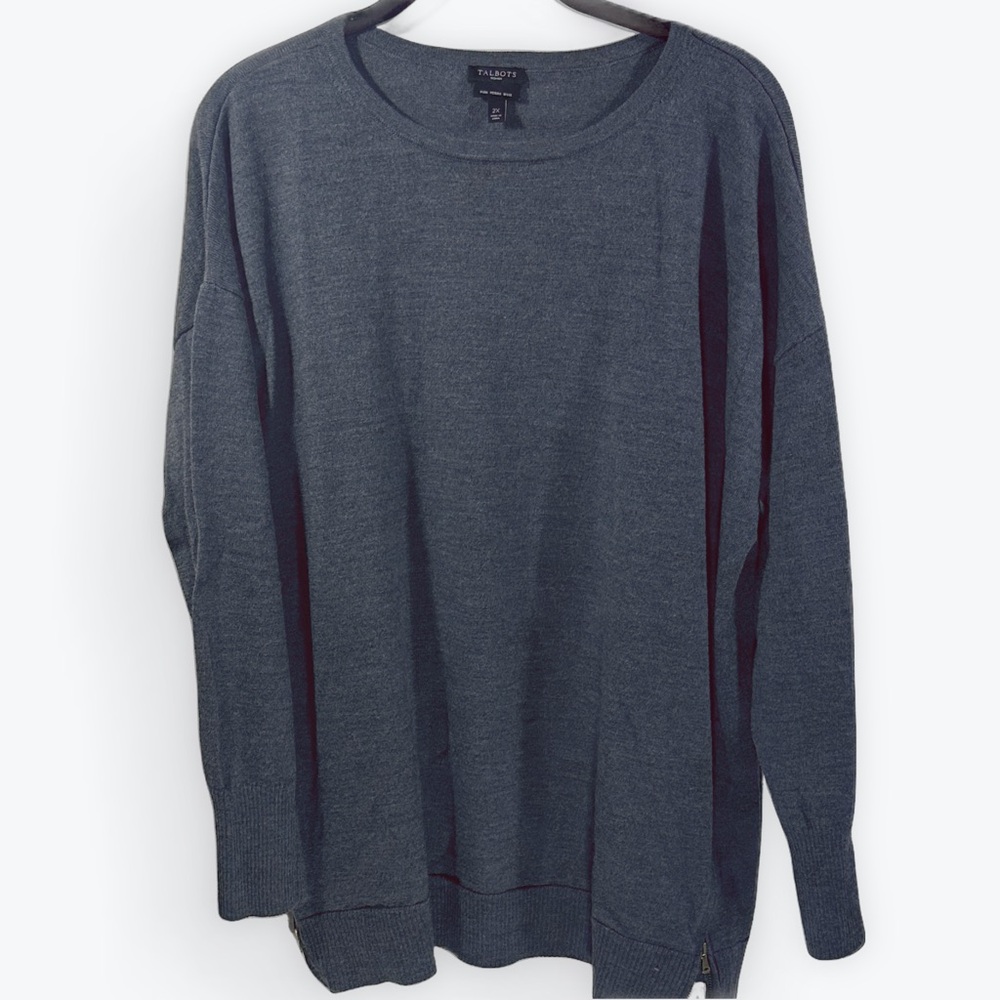 Talbots Woman's Dark Gray Crewneck Sweater Side Zipper Woman's 2X Merino Wool